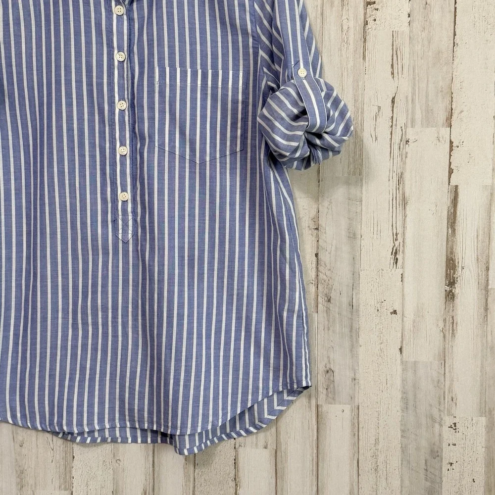J Crew Henley Top Blouse S Blue Stripe Roll Tab Sleeve Preppy Summer Popover
